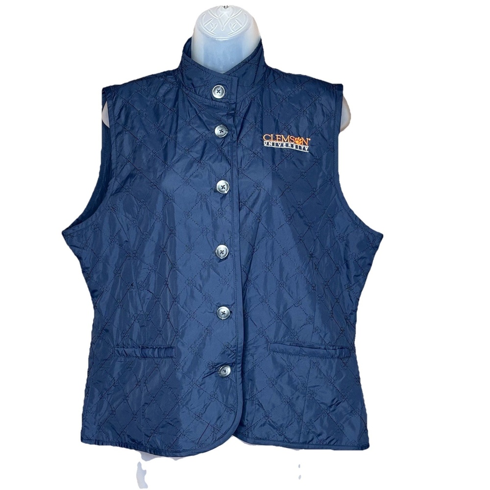 Oxford America Womens L Navy Quilted Button Vest Clemson University Embroidered‎